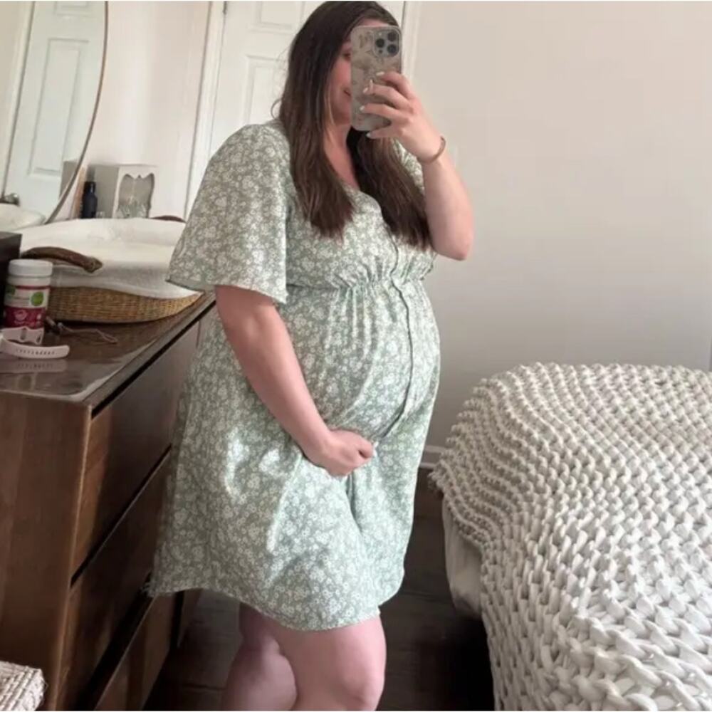 Soon Green Calico Babydoll Maternity Dress LARGE Cottage Prairie Designer $180 - Picture 4 of 10